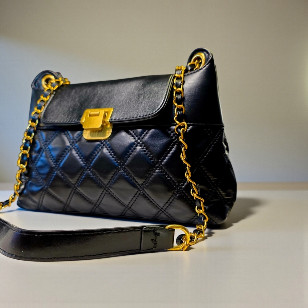 Black Quilted/Smooth Vegan Leather Front Flap Crossbody Bag NWOT